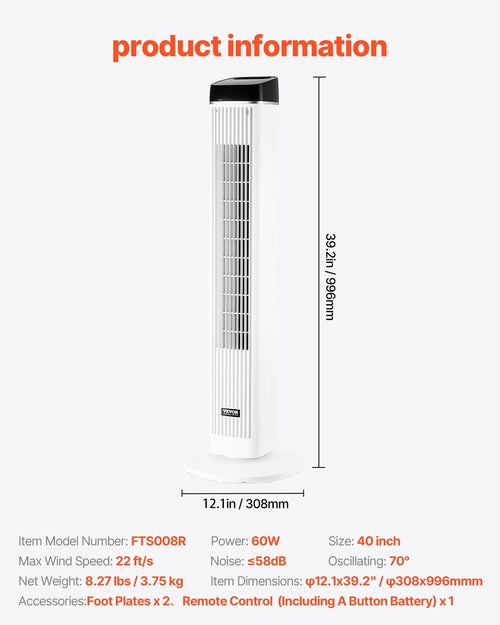 Turmventilator, 6,7 m/s Geschwindigkeit, Verdunstungsluftkühler, 70° oszillierende Ventilatoren mit 3 Gang, 4 Modi, 12-Stunden-Timer, Fernbedienung, für Schlafzimmer, Büro, Zuhause